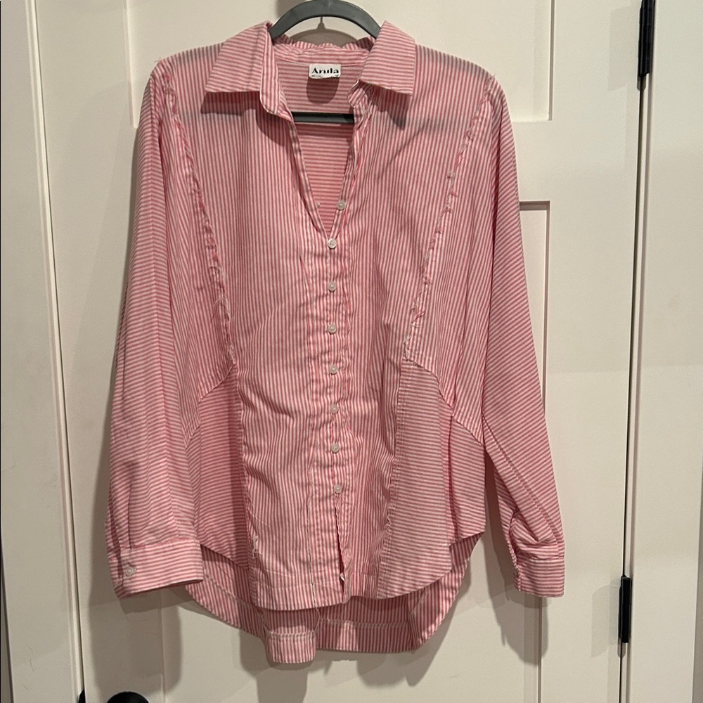 ARULA Striped Button Down Shirt in Red and White